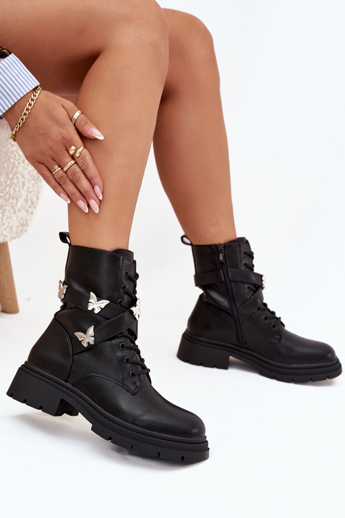 Ізольовані робочі черевики з ременем і срібними пряжками Чорні Kaelina