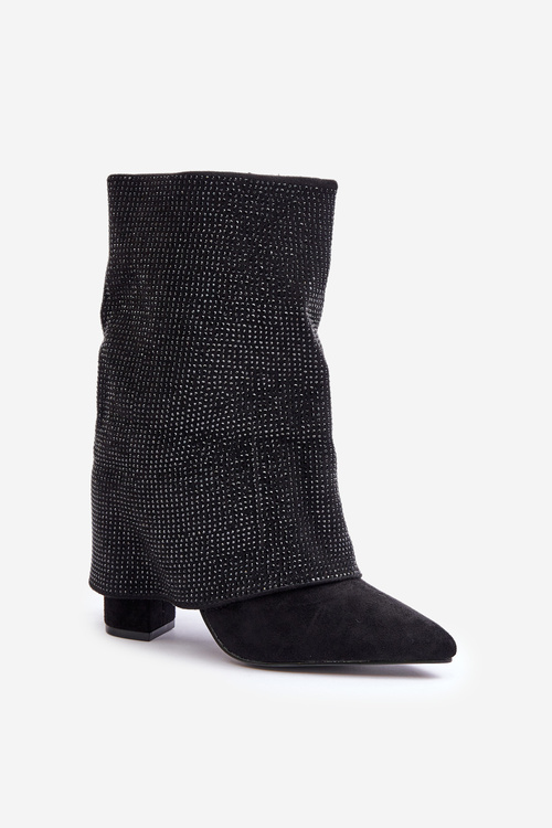 Прикрашені блискучі ботильйони з точеним чобітком на підборах, утеплені чорні Xistaria