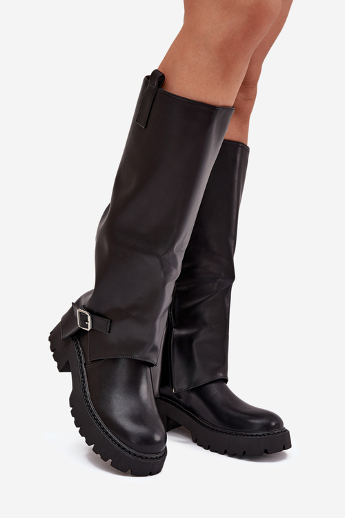 Утеплені чоботи з загнутим верхом і пряжкою чорні Fiorae