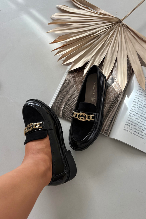 Лаковані жіночі мокасини з золотою прикрасою S.Barski HY52-540 Чорний