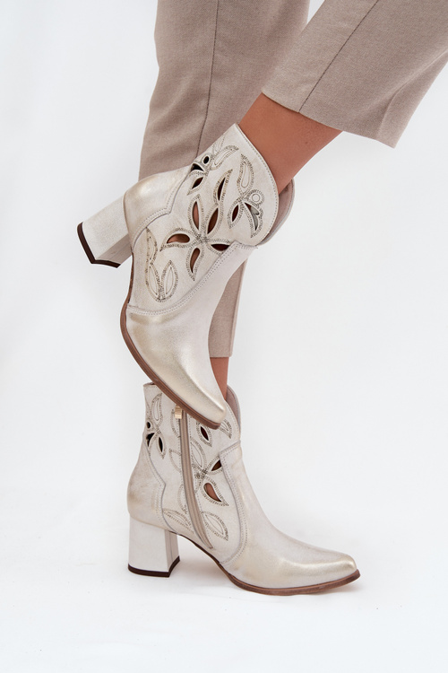 Шкіряні Витравлені Жіночі Чоботи На Каблуці Zazoo 3647 Золото Витертій