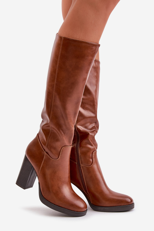 Чоботи на підборах з екошкіри Knee High Camel Riamaya