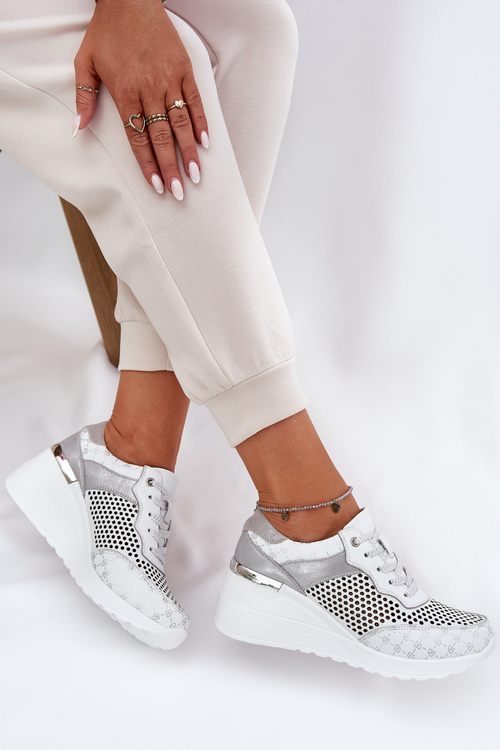 Шкіряне Ажурне Спортивне Взуття Кросівки На Танкетці Біле S.Barski LR51-641