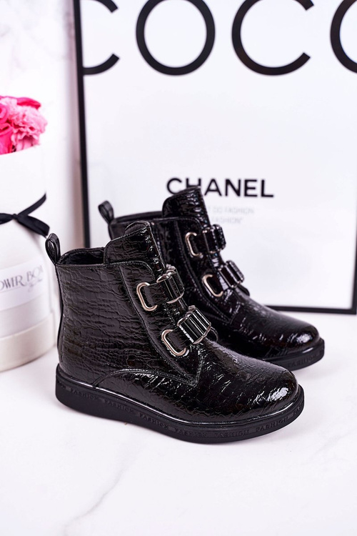 Дитячі утеплені черевики блискучі чорні з тваринним принтом Maya