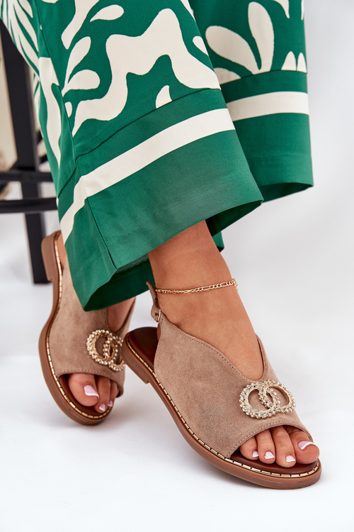 Жіночі Сандалі З Декором На Плоскому Каблуці Еко Замш Темно Бежеві Ралиссес