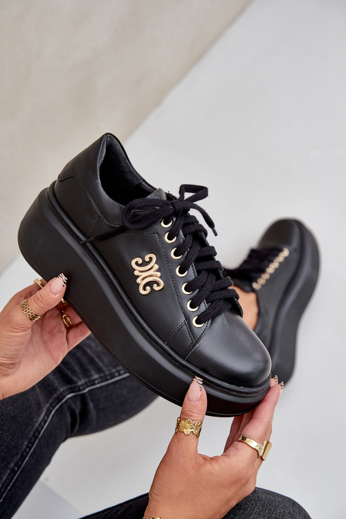 Кросівки З Природної Шкіри На Платформі Золота Декорація Левський 3428 Чорні