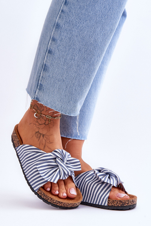 Святкові шльопанці на корковій платформі з біло-блакитними смужками