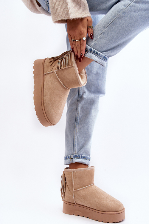 Жіночі снігові черевики на масивній платформі з бахромою бежевого кольору Lirico