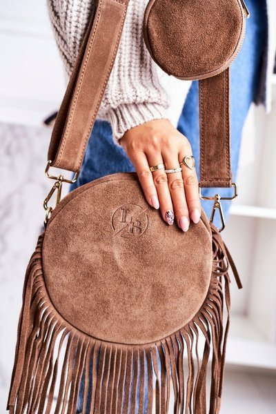 Жіноча кругла шкіряна сумка з бахромою Boho LAURA BIAGGI Бежева