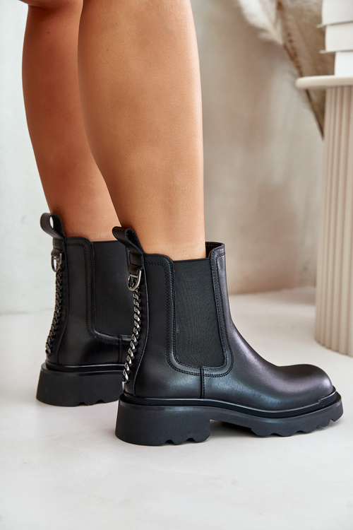 Шкіряні ботильйони з декоративною утепленою ланцюжком D&A JC42-86 Чорні