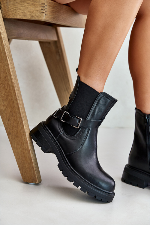 Шкіряні утеплені ботильйони з ремінцем чорні Sergio Leone TR719-S