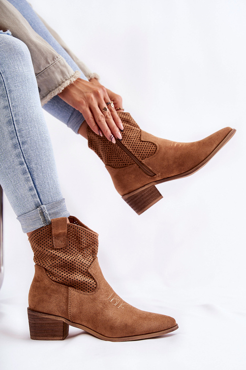 Замшеві ажурні ковбойські чоботи з відстрочкою Camel Elvire