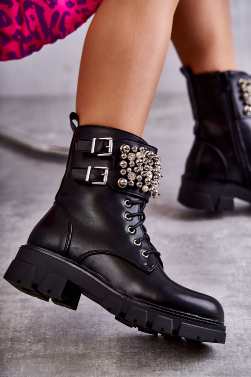 Жіночі чоботи з орнаментом на зав'язках чорні леонес