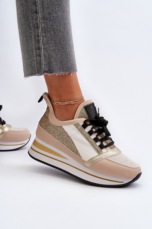 Жіночі кросівки на танкетці з платформою та парчовим золотим рафані