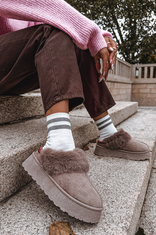 Жіночі зимові Уггі черевики на платформі з хутром і вишивкою темно-бежеві Querina