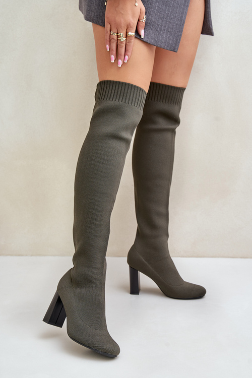 Чоботи вище коліна на каблуці Темно-зелені Esanira