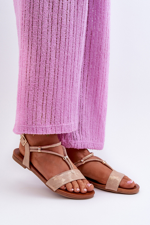 Жіночі сандалі на плоскій підошві з ремінцями S.Barski KV27-010 бежево-золотий