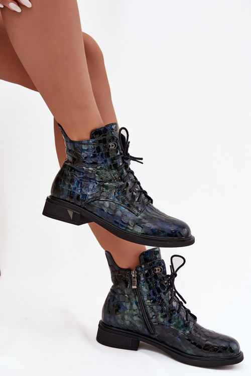 Лаковані жіночі чоботи з натуральної шкіри D&A LZ52-962 темно-синій