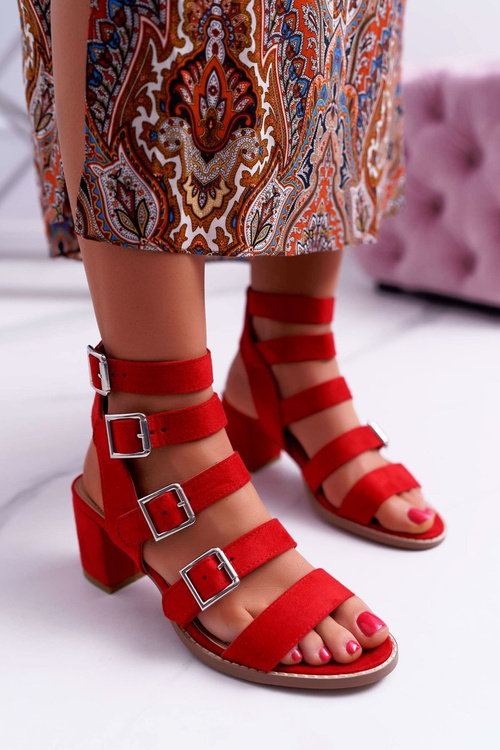 Жіночі босоніжки на шпильці гладіатори замшеві червоні Nella