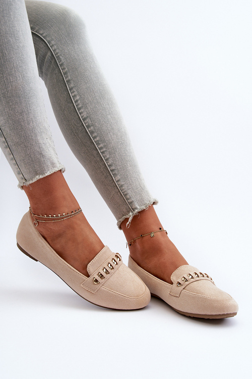 Блискучі жіночі лофери з ланцюжком бежеві Aredilla