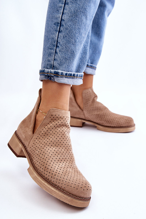 Замшеві ажурні чоботи на плоскій підошві Темно-бежеві Енджі