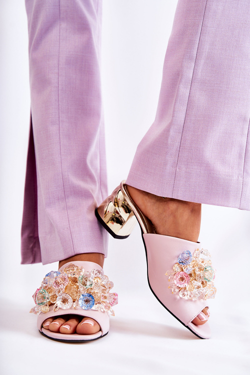 Шкіряні жіночі тапочки на підборах з декором Рожева калінда