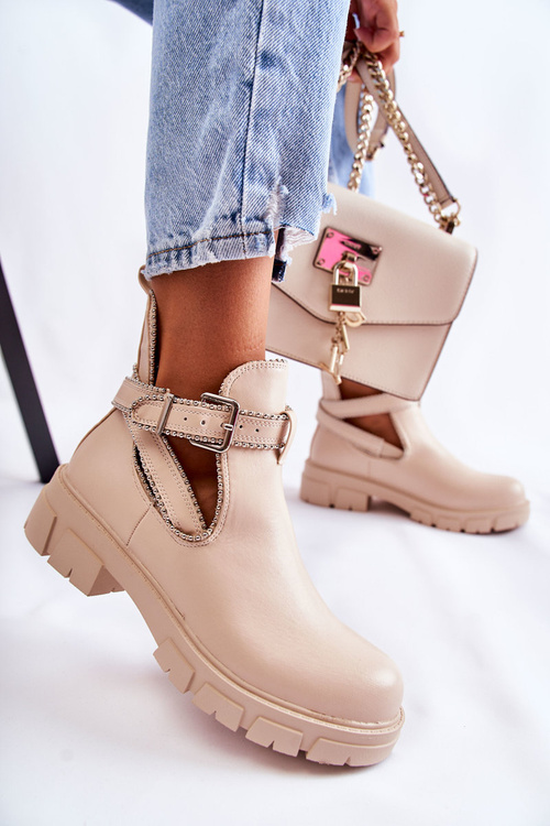 Жіночі шкіряні чоботи на шпильці, бежевий бордюр