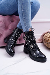 Жіночі плоскі лаковані чоботи з перлами. Чорний домінант