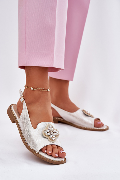 Жіночі Сандалі На Плоскому Каблуці З Декоративним Елементом S.Barski KV51-080 Сріблясті