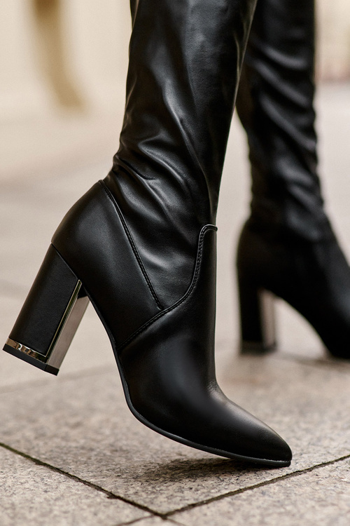 Шкіряні чоботи вище коліна на підборах Чорні амаліти