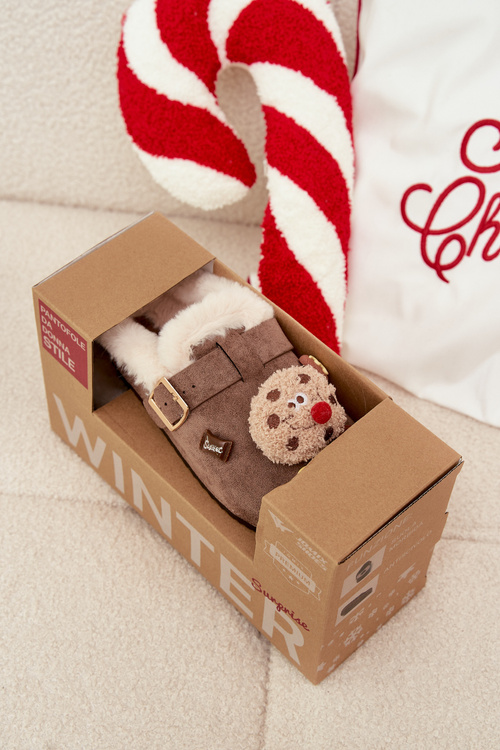 Жіночі тапочки з оздобленнями та пряжкою підкладені хутром коричневі Thalora