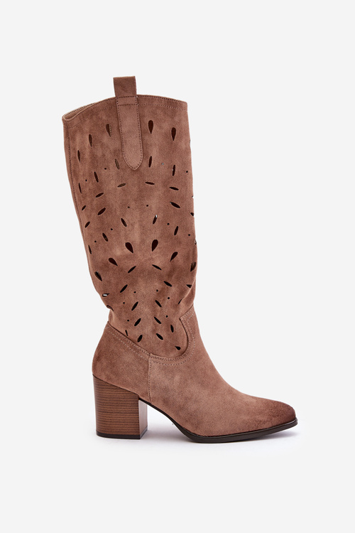 Екозамшеві чоботи з перфорованим візерунком Темно-бежеві Vinceza 58344