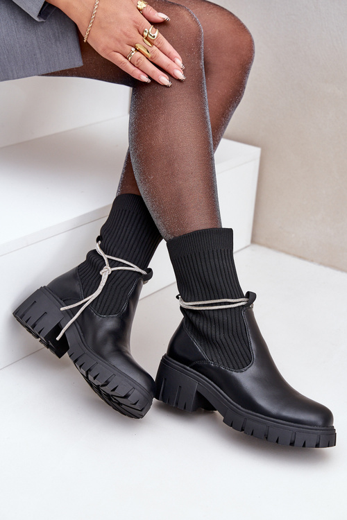 Чоботи З Шкарпеткою Та Блискучими Шнурівками Чорні Dinarca