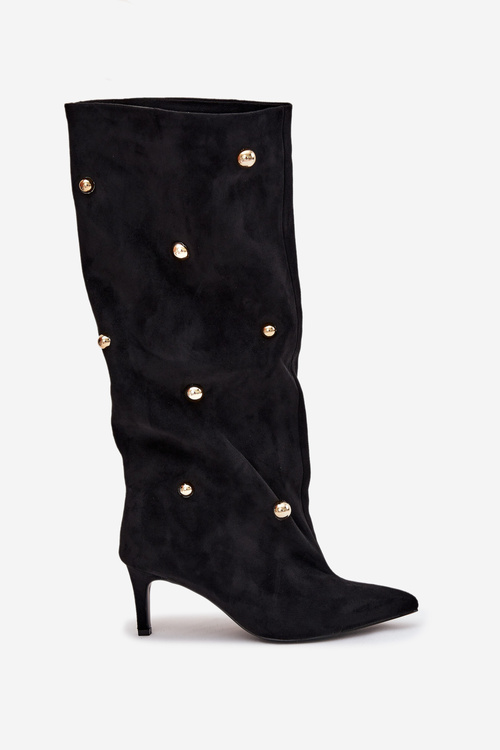 Сліпони жіночі чоботи на підборах із золотими прикрасами Чорні Thaliane