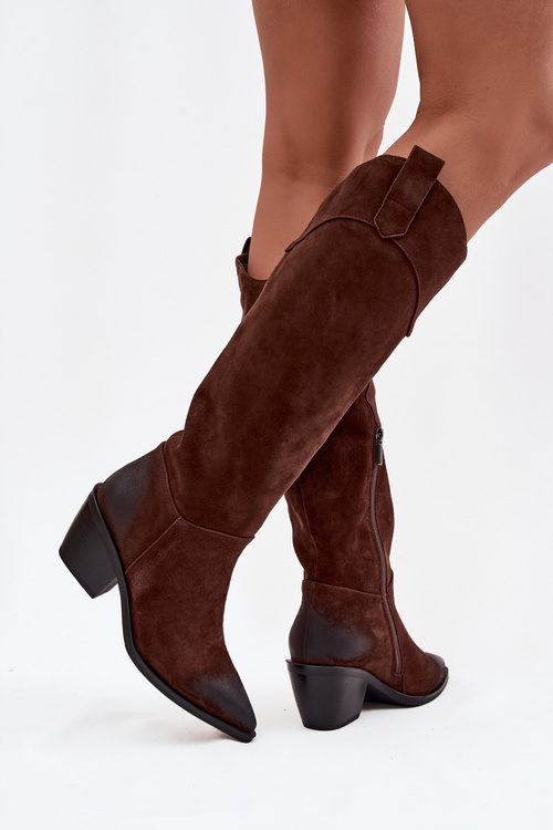 Жіночі Ковбойські Ботфорти На Каблуці З Натуральної Замші Artiker 57C0230 Коричневі