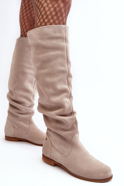 Жіночі замшеві чоботи до коліна Maciejka 05790-22 світло-бежевий