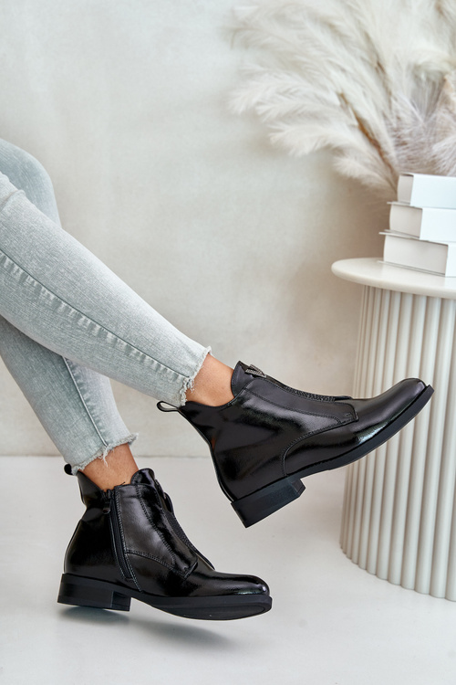 Черевики жіночі лаковані на плоскому каблуці утеплені чорні S.Barski HY42-120 чорні