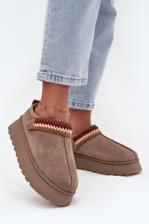 Жіночі низькі зимові черевики з рухомим ремінцем і вишивкою на платформі темно бежеві Lyrisse