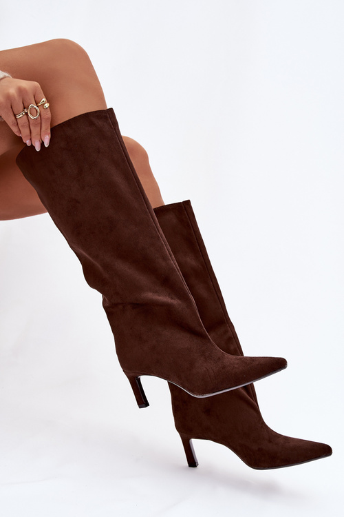 Жіночі чоботи з еко замшу на шпильці шоколадні Phelin