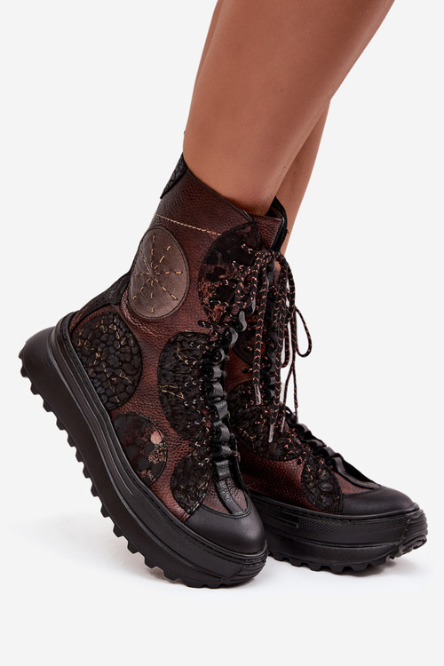 Шкіряні чоботи на платформі з підкладкою Maciejka 06565-02 коричнево-золоті