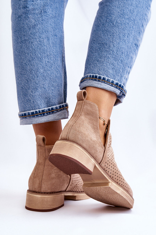 Замшеві ажурні чоботи на плоскій підошві Темно-бежеві Енджі