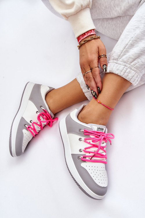 Жіночі класичні подвійні кросівки на шнурівці біло-сірі Jella