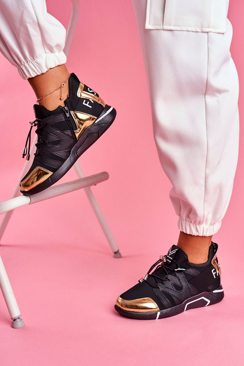 Спортивні жіночі туфлі на блискавці, чорно-золотий терфін