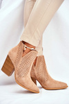 Жіночі чоботи на шпильці замшеві ажурні бежевих відтінків