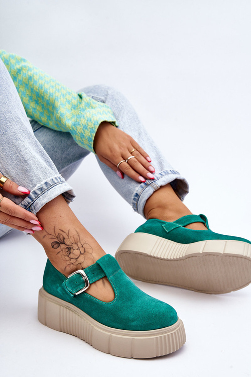 Модні замшеві броги на масивній платформі зеленого кольору Colson