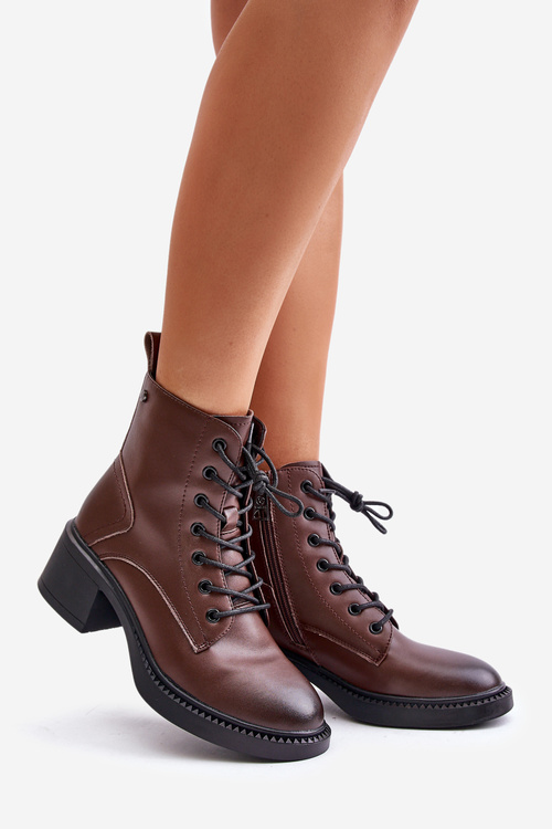 Теплі жіночі черевики на низьких підборах з натуральної шкіри Vinceza 66722 Коричневий