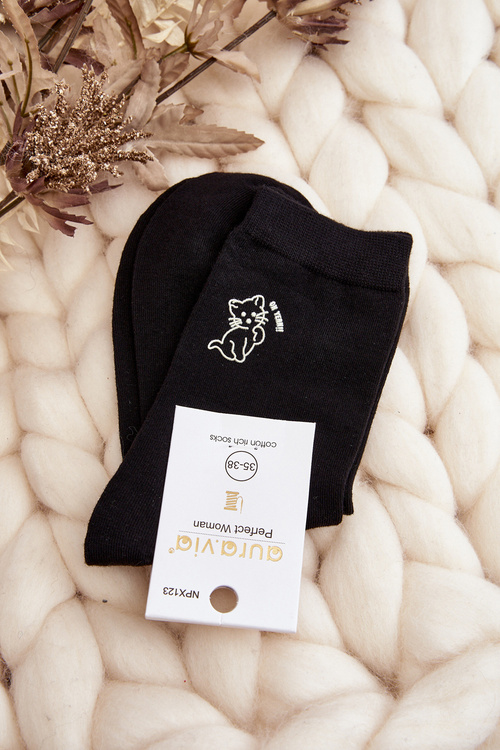 Жіночі однотонні чорні шкарпетки з котом
