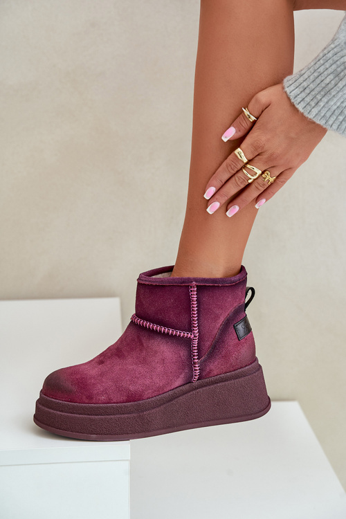 Шкіряні замшеві зимові черевики на платформі та танкетці коричневі Maciejka 06769-23 Bordeaux