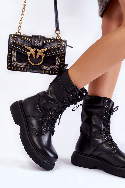 Жіночі шкіряні черевики на шнурівці Чорні Passione