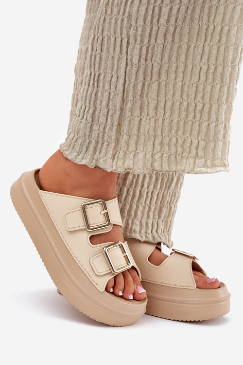 Жіночі сандалі на платформі з золотими пряжками бежеві Зорила